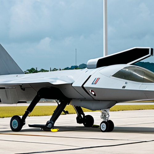 Home 11 **A futuristic Malaysian Air Force (TUDM) base with a sleek, unmanned combat aerial vehicle (UCAV) preparing for takeoff. Display advanced sensors and AI integration. The setting includes a Malaysian flag waving in the background.**