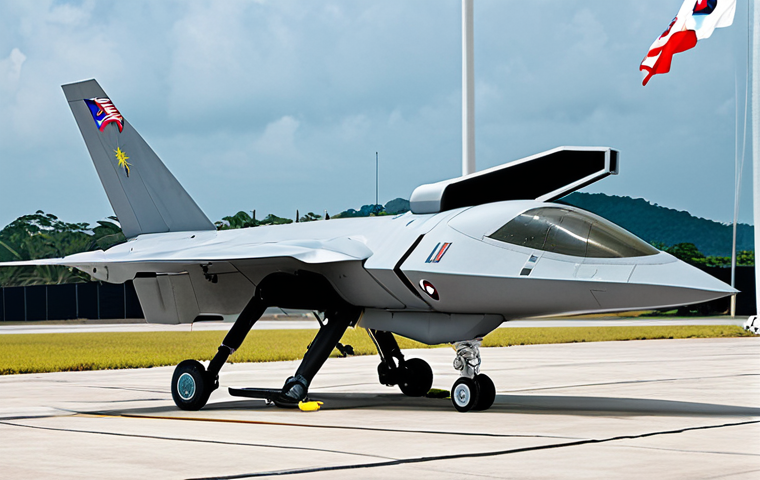 **A futuristic Malaysian Air Force (TUDM) base with a sleek, unmanned combat aerial vehicle (UCAV) preparing for takeoff. Display advanced sensors and AI integration. The setting includes a Malaysian flag waving in the background.**