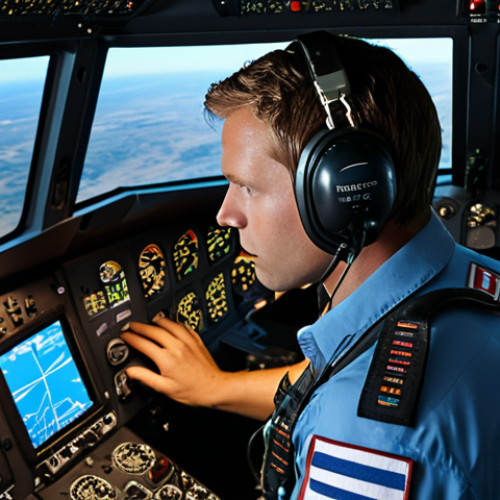 Home 6 **TUDM Pilot Training:** A determined TUDM pilot in flight gear, inside a realistic flight simulator, focused on the controls. Emphasize the advanced technology and intense concentration. The backdrop should show the realistic simulation environment.