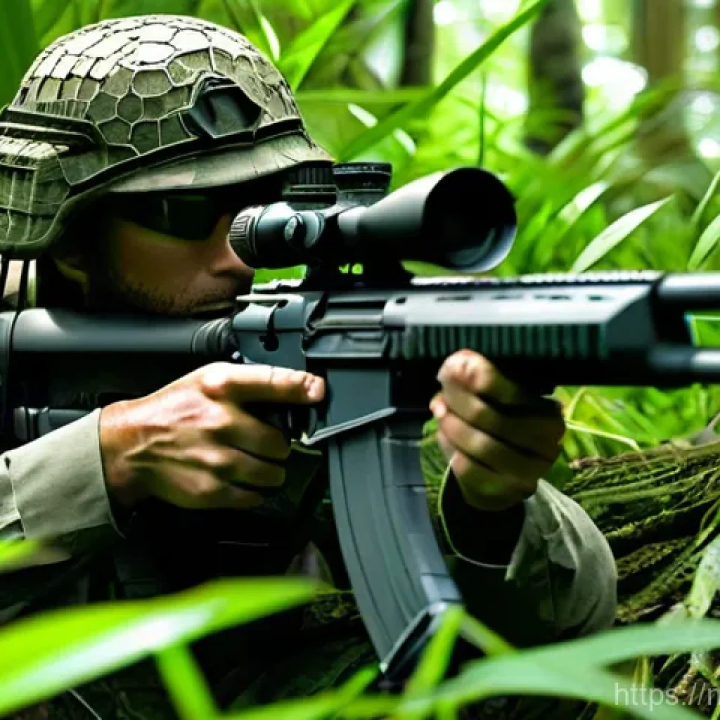 공군의 공군 특수부대 저격술 훈련 - **Elite Sniper in Dense Jungle Camouflage**
"A highly trained special forces sniper, male or fem...