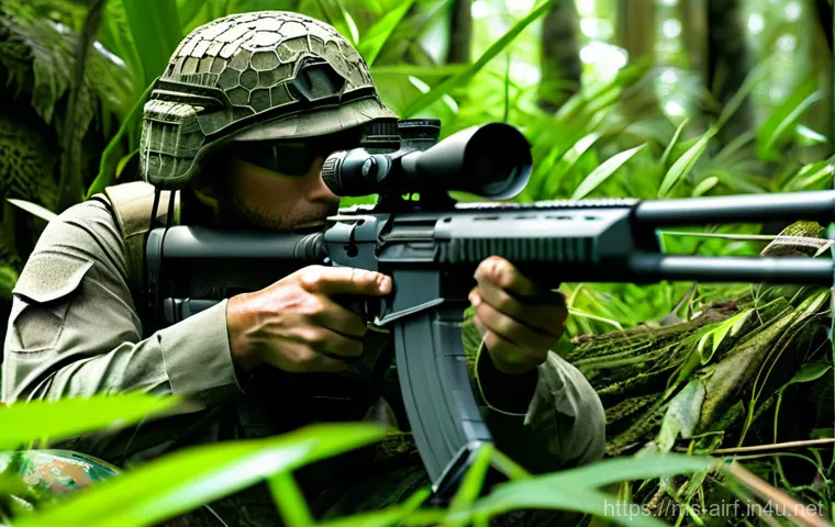 공군의 공군 특수부대 저격술 훈련 - **Elite Sniper in Dense Jungle Camouflage**
"A highly trained special forces sniper, male or fem...