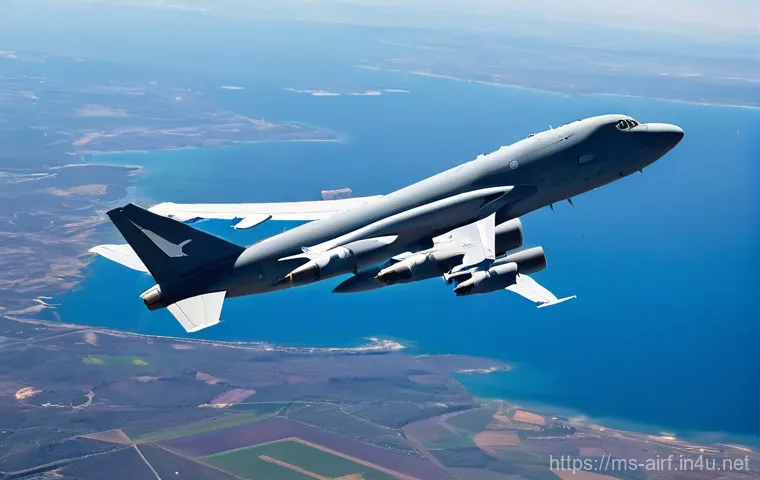 공군 공중급유기 운용 - **Prompt 1 (Flying Boom System):** "A majestic Boeing KC-135 Stratotanker, with its distinctive 'fly...