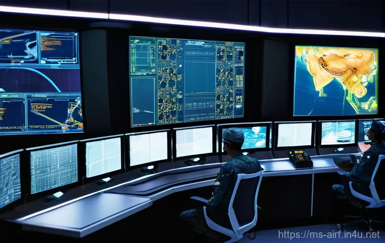 공군의 방공 시스템 - **Prompt:** A detailed, realistic depiction of a futuristic, high-tech air defense control center in...