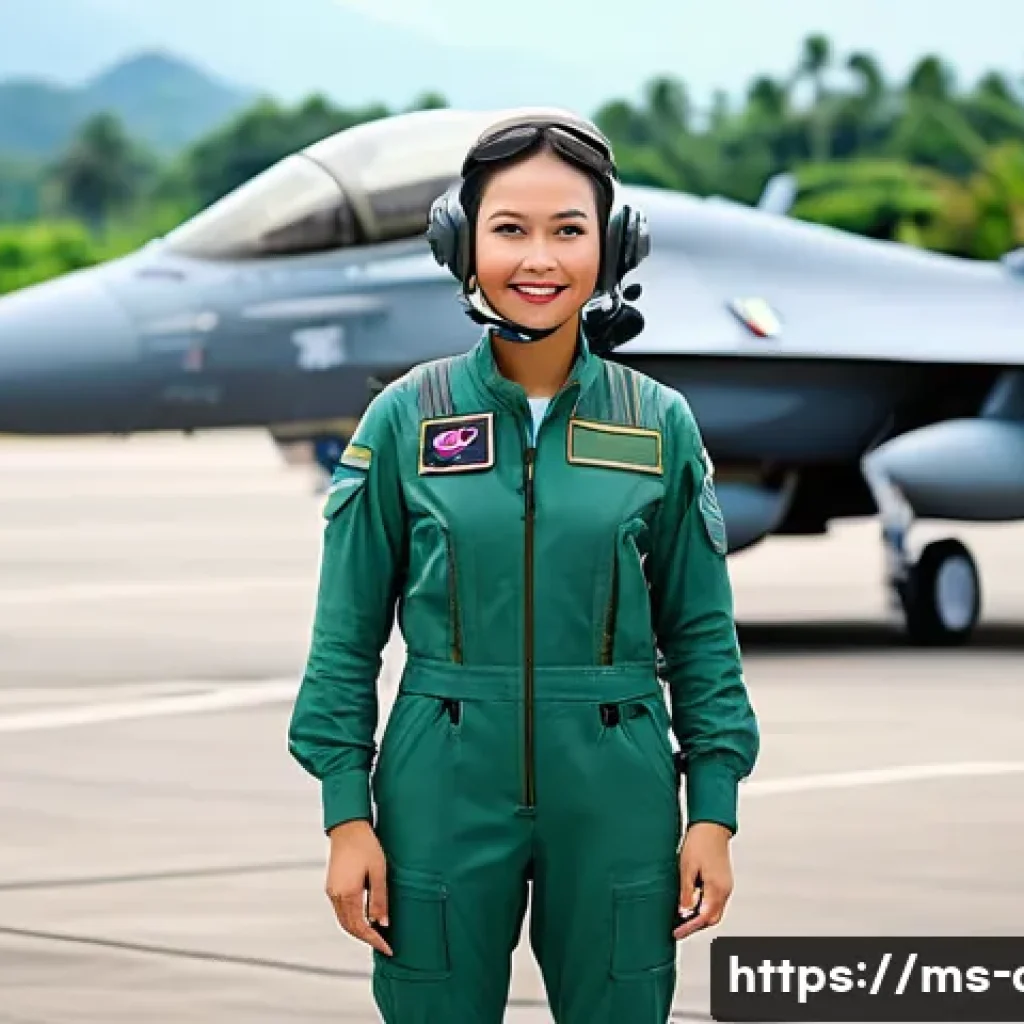 공군의 여성 조종사 채용 - A confident female military pilot in Malaysia wearing a custom ergonomic flight uniform designed for...