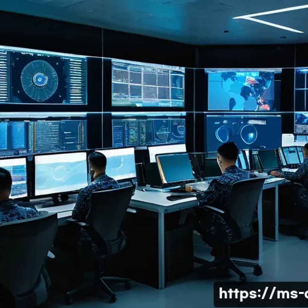 공군의 사이버전 대응 전략 - A highly detailed scene inside a modern Malaysian Air Force cyber defense control room, showcasing a...