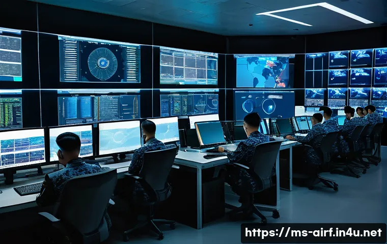 공군의 사이버전 대응 전략 - A highly detailed scene inside a modern Malaysian Air Force cyber defense control room, showcasing a...
