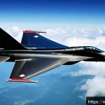 공군의 차세대 전투기 개발 - A futuristic air combat scene featuring a sleek, supersonic fighter jet made from lightweight carbon...