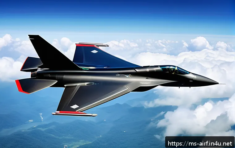 공군의 차세대 전투기 개발 - A futuristic air combat scene featuring a sleek, supersonic fighter jet made from lightweight carbon...