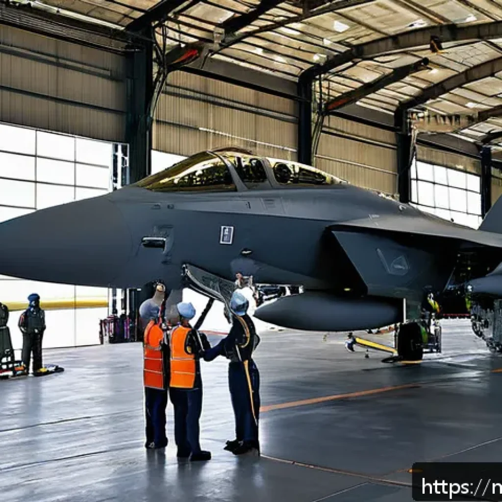 공군의 전투기 레이더 정비 - A detailed scene inside a modern military aircraft hangar in Malaysia, showcasing a team of experien...