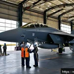 공군의 전투기 레이더 정비 - A detailed scene inside a modern military aircraft hangar in Malaysia, showcasing a team of experien...