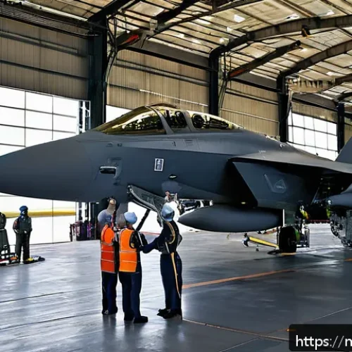 공군의 전투기 레이더 정비 - A detailed scene inside a modern military aircraft hangar in Malaysia, showcasing a team of experien...