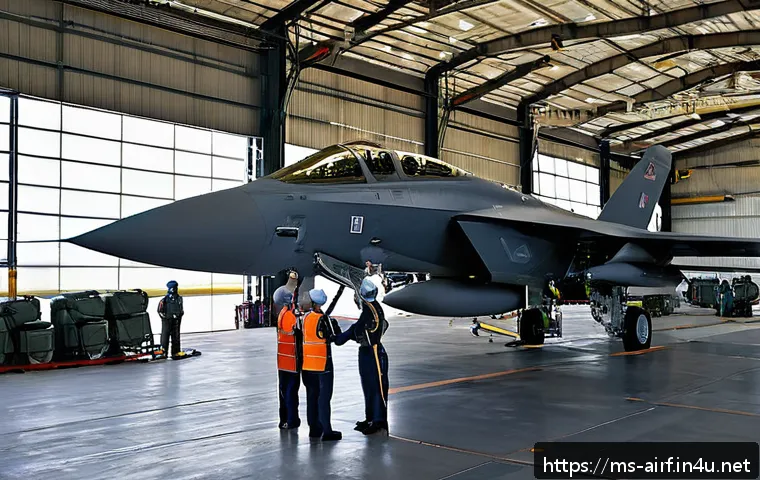 공군의 전투기 레이더 정비 - A detailed scene inside a modern military aircraft hangar in Malaysia, showcasing a team of experien...