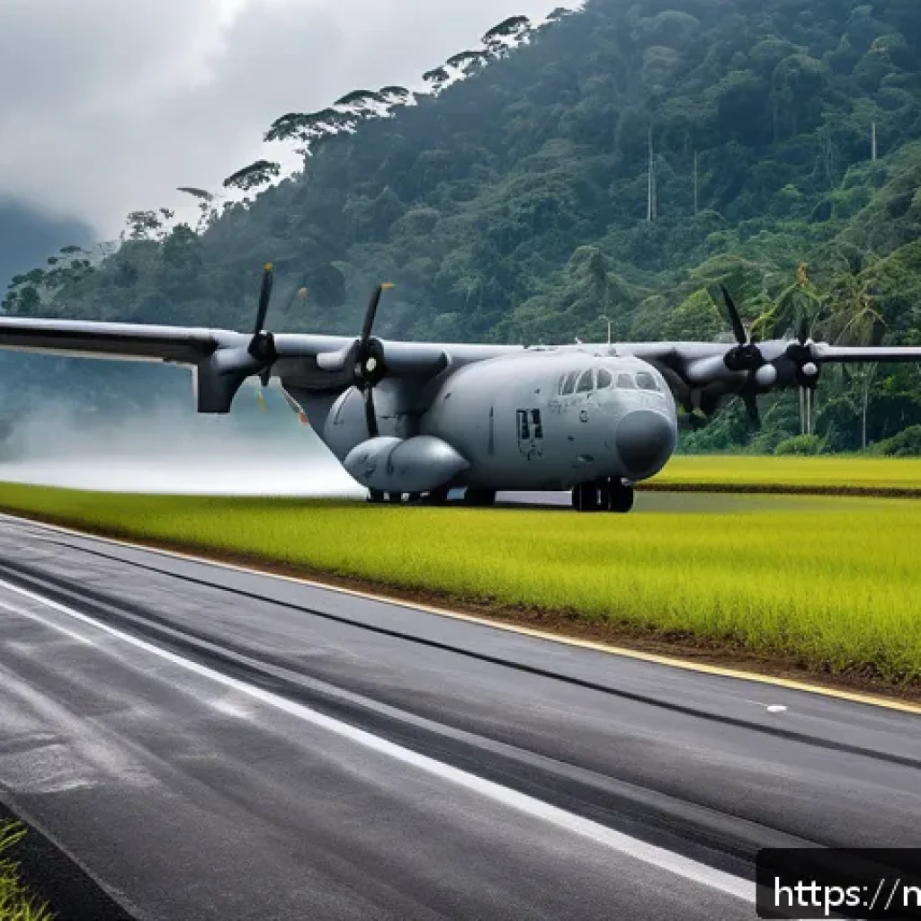 공군 수송기 활용 사례 - A detailed scene of a Malaysian military cargo aircraft, such as a C-130 Hercules, landing on a shor...