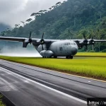 공군 수송기 활용 사례 - A detailed scene of a Malaysian military cargo aircraft, such as a C-130 Hercules, landing on a shor...