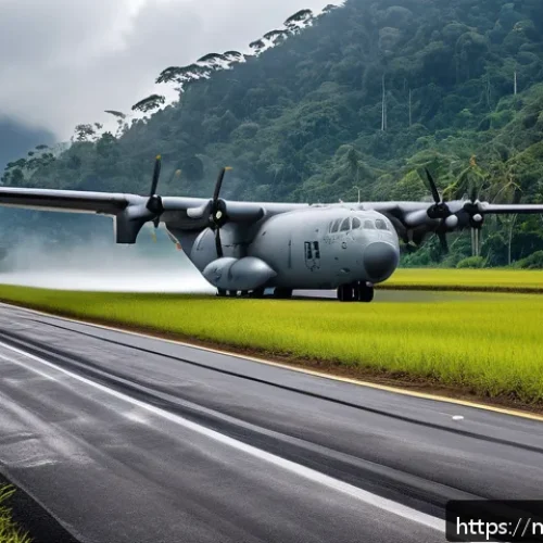 공군 수송기 활용 사례 - A detailed scene of a Malaysian military cargo aircraft, such as a C-130 Hercules, landing on a shor...