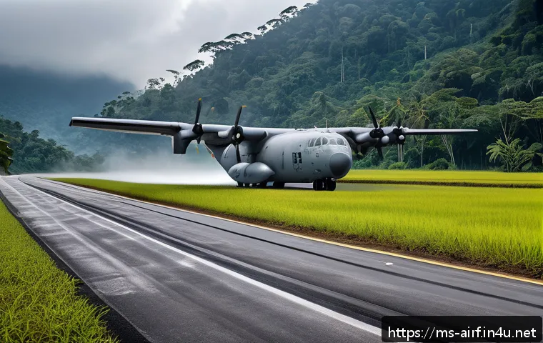 공군 수송기 활용 사례 - A detailed scene of a Malaysian military cargo aircraft, such as a C-130 Hercules, landing on a shor...