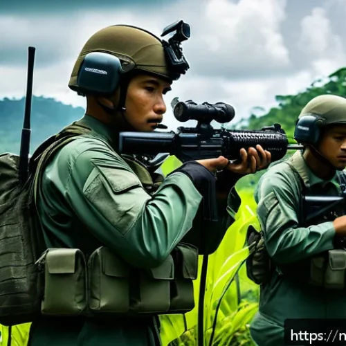 공군의 공군 특수부대 장비 - A highly detailed scene of a Malaysian Special Air Force unit operating advanced encrypted communica...