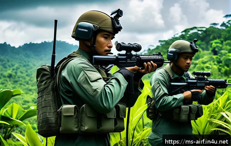 공군의 공군 특수부대 장비 - A highly detailed scene of a Malaysian Special Air Force unit operating advanced encrypted communica...